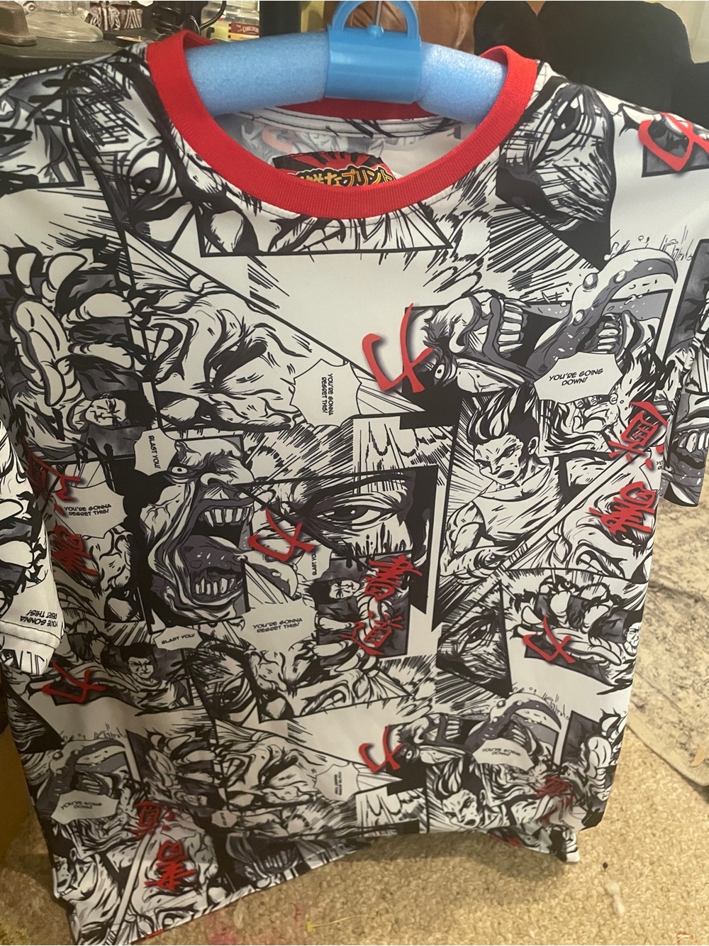 Comic-Print Short Sleeve Shirt with Red Trim - Black & White